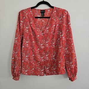 Rachel Zoe Red Floral Women's Blouse Long Sleeve Flowers Rose Buttons Medium
